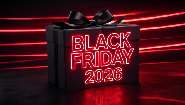 Black Friday 2026 neon gift box with ribbon celebrating holiday sale on transparent background