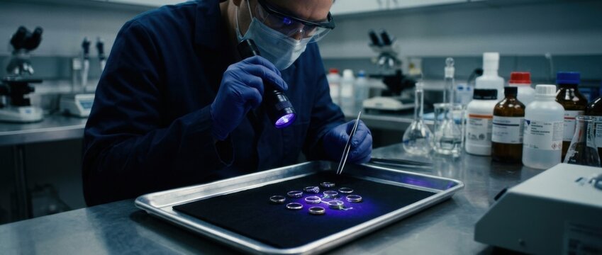 Scientist examining samples under UV light in a laboratory wearing protective gear and gloves with scientific equipment in background
