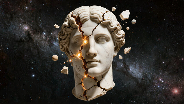 Shattered Ancient Greek Statue Head Exploding in Cosmic Space with Glowing Kintsugi Crack