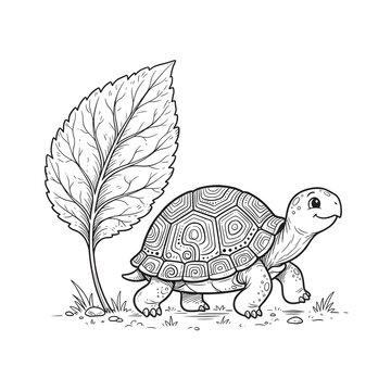 Cute tortoise walking near a leaf