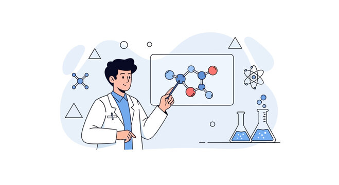 Scientist Explaining Molecular Structure in Laboratory Setting with Chemical Flasks and Atomic Symbols