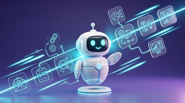 Friendly white robot assistant managing digital workflow automation processes with glowing holographic interface icons on dark purple background representing advanced artificial intelligence