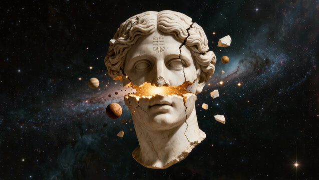 Shattered Ancient Greek Statue Head Exploding in Cosmic Space with Glowing Kintsugi Crack