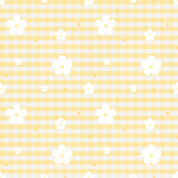 Pastel Yellow Gingham Floral Seamless Pattern with White Flowers