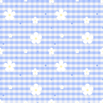 Soft Blue Gingham Seamless Pattern with Cute White Flowers