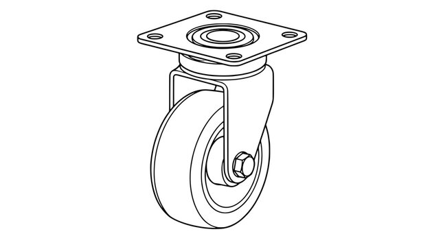 Black outline vector icon of a swivel caster with mounting plate and solid wide wheel in fork bracket, drawn with medium lines in three quarter view composition focusing on tread and hex fastener