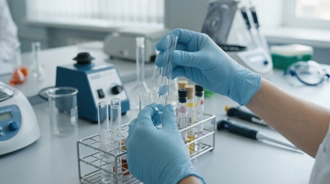 Scientist in blue gloves conducting experiment with test tubes and equipment in laboratory