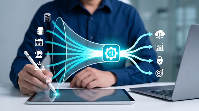 Expert using digital tablet to manipulate data funnel interface for strategic business optimization and information processing in professional office environment with soft focus background