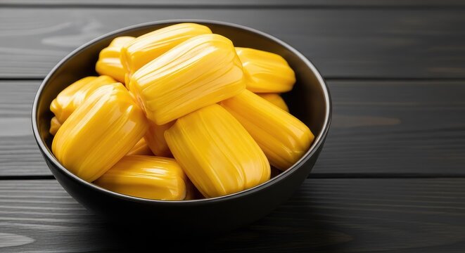 Vibrant yellow jackfruit bulbs arranged in a ceramic bowl on a dark rustic wooden background. The tropical fruit looks fresh and sweet, segments, fruit, vertical