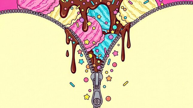 Colorful ice cream zipper melting into playful confectionery design