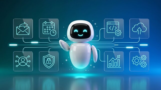 Friendly white robot character with holographic interface icons representing automation smart technology and digital workflow solutions for modern business innovation in office