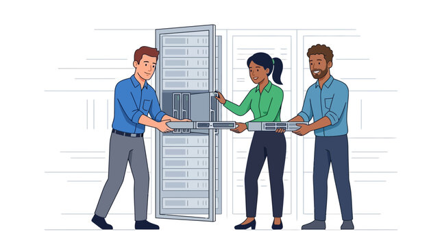 Diverse IT Team Installs Server Racks in Data Center, Modern Vector Illustration