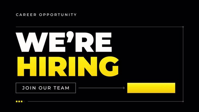 We're Hiring Kinetic Typography with Apply Now Button Animation. Minimal Corporate Recruitment Animation with White Yellow Accent Bar Slides and Grid Lines.