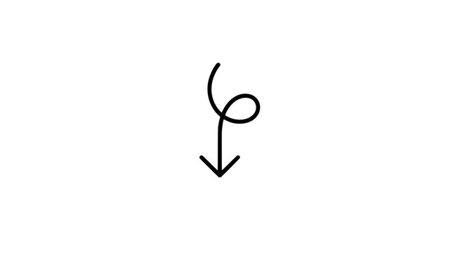 Black outline vector icon of a downward pointing arrow with a single looping curl above the shaft and sharp V shaped head drawn with bold uniform lines in vertical centered arrangement