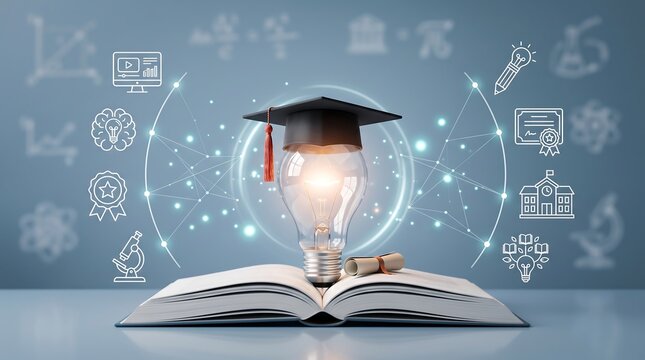 Graduation cap sitting on open textbook with glowing lightbulb and educational icons representing knowledge and academic success in modern learning environment for students