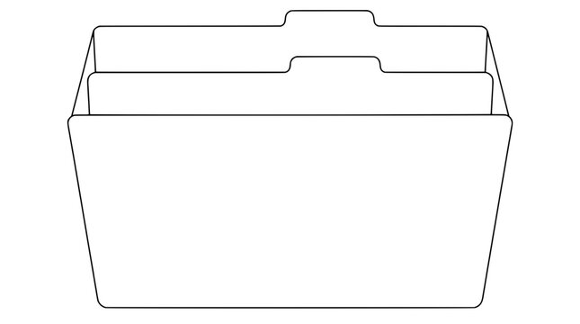 Minimalist outline illustration of a wide office file folder holding two staggered tabbed dividers with straight side gussets rendered with clean thin black lines in front facing symmetry