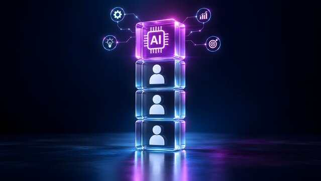 Glowing purple AI microchip block stacked on top of digital human figures representing artificial intelligence leading and integrating with human team