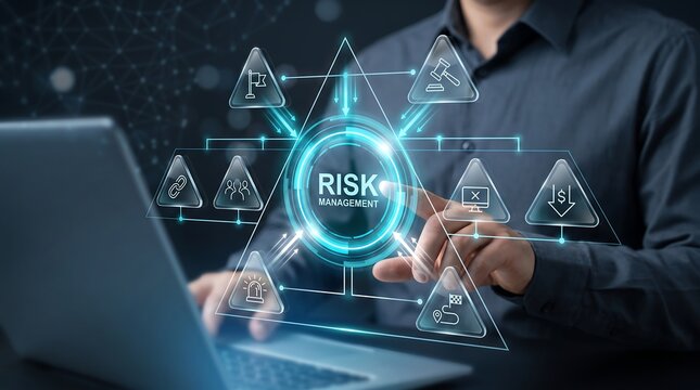 Professional worker navigating digital risk management dashboard on laptop screen with geometric icons representing corporate security standards and financial operational workflow analysis