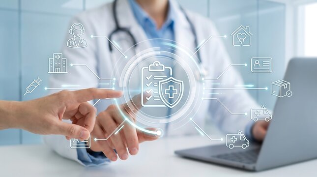 Medical team collaborating on digital healthcare interface on laptop screen to review patient data and clinical safety protocols for efficient hospital administration and record keeping