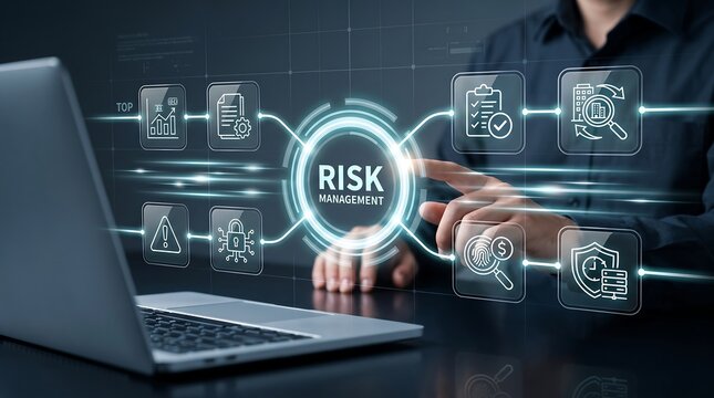 Professional using laptop to access corporate risk management system with digital icons for internal auditing and financial security monitoring within a modern business environment
