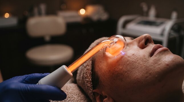 Cosmetologist performing high frequency darsonval electrotherapy facial treatment on woman acne prone skin