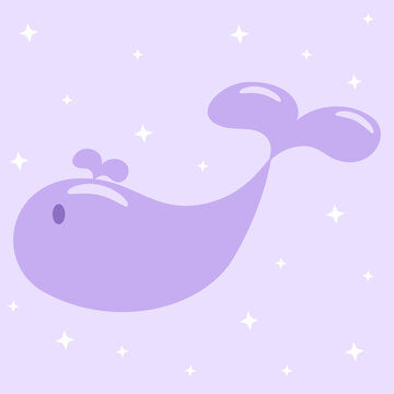 Cute Purple Whale Cartoon with Sparkling Stars on Pastel Lavender Background
