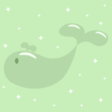 Cute Light Green Whale Cartoon with White Sparkling Stars on Pastel Background