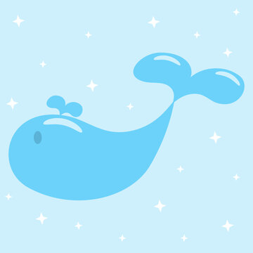 Cute Sky Blue Whale Cartoon with White Sparkles on Pastel Blue Background