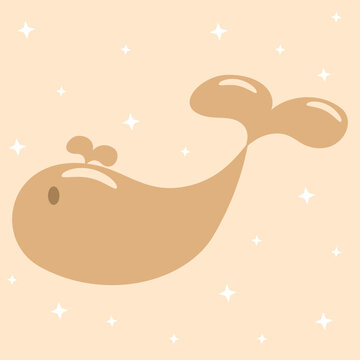 Cute Caramel Brown Whale Cartoon with White Sparkles on Soft Beige Background