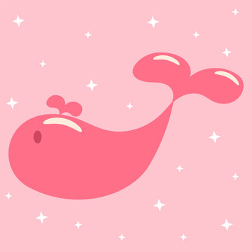 Cute Coral Pink Whale Cartoon with White Sparkles on Pastel Pink Background