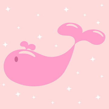 Cute Hot Pink Whale Cartoon with Sparkling Stars on Soft Pink Background