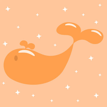 Cute Orange Whale Cartoon with White Sparkling Stars on Peach Pastel Background