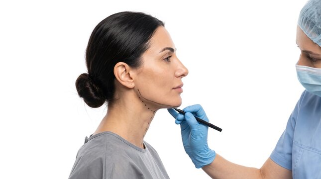 Plastic surgeon drawing preoperative marking lines on patient chin and neck for double chin liposuction lift surgery