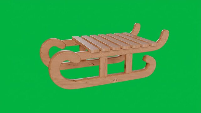 Wooden sled on green screen background, classic winter sport equipment isolated for compositing