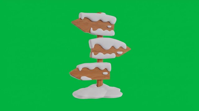Snow-covered wooden signpost stacked with blank directional signs in a winter forest setting, isolated on green background