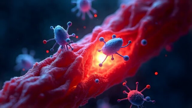 Microscopic Invaders Microscopic entities with spikey appendages assail a vibrant red biological filament signifying cellular battle and microscopic biological struggle within a deep blue milieu conve