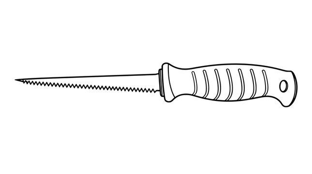 Black outline vector icon of a pointed drywall jab saw with serrated lower edge and ribbed rubber handle with end hole drawn with medium lines in horizontal side profile facing leftward