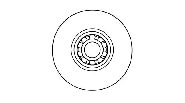 Black outline vector icon of a round skateboard wheel in top view with central ball bearing showing twelve rollers drawn with thin lines in symmetric composition emphasizing concentric circles