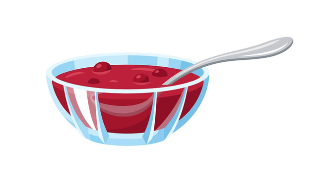 Crystal bowl with delicious berry sauce and silver spoon for dessert serving flat design vector illustration