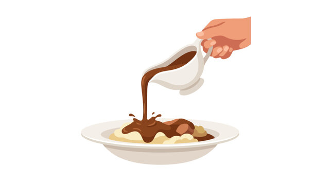 Hand pouring rich brown gravy onto mashed potatoes and roast meat on a plate flat design vector illustration.