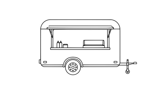 Black outline vector icon of a mobile food trailer with raised service awning and open counter holding bottles plus single side wheel and front hitch drawn with thin lines in lateral pose