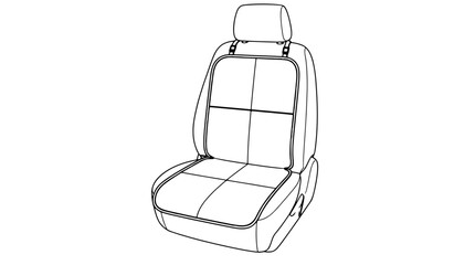 Obraz premium Black outline vector icon of a car seat protector with quilted divided panels, wraparound side flaps and dual top straps with buckles drawn in thin precise lines in centered angled view