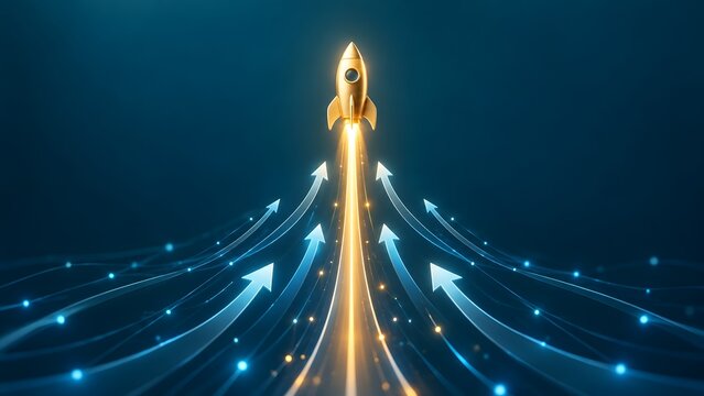 Golden 3D rocket launching with glowing digital network arrows depicting technology startup growth and future innovation