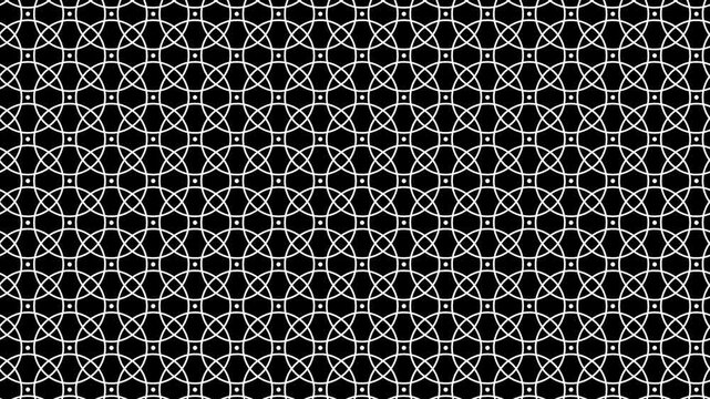 Abstract geometric seamless pattern loop with intersecting white circles on black background