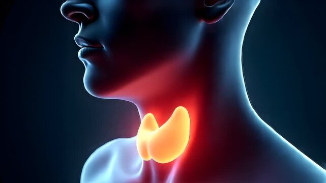 Anatomical representation of the human thyroid gland illuminated within a translucent neck silhouette conveying vital endocrine system functions and health awareness for medical and scientific pursuit