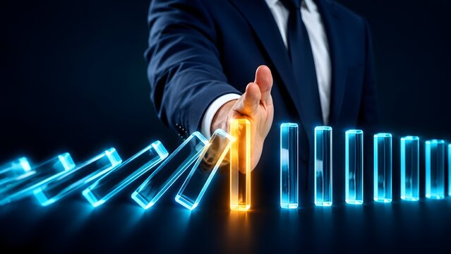 Businessman hand stopping falling glowing dominoes representing risk management crisis prevention and business intervention strategy