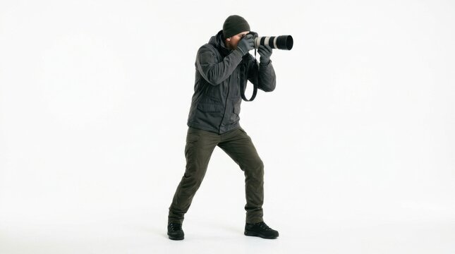 Professional Photographer Capturing Image with Telephoto Lens on White Background Action Shot