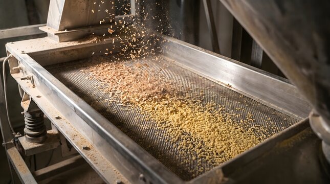 Grain sorting machine sifting seeds on screen