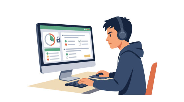 Focused young student wearing headphones taking an online test on desktop computer flat design vector illustration
