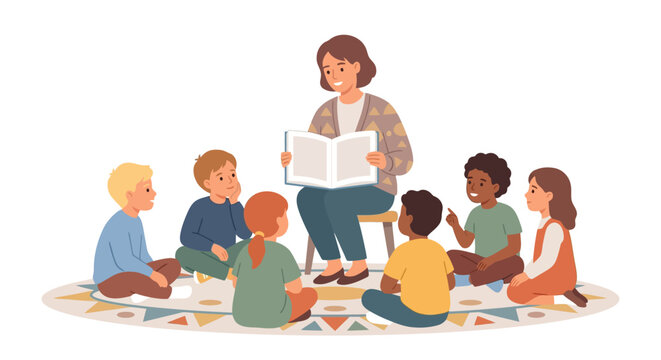 Friendly female teacher reading storybook to diverse children in a library flat vector illustration
